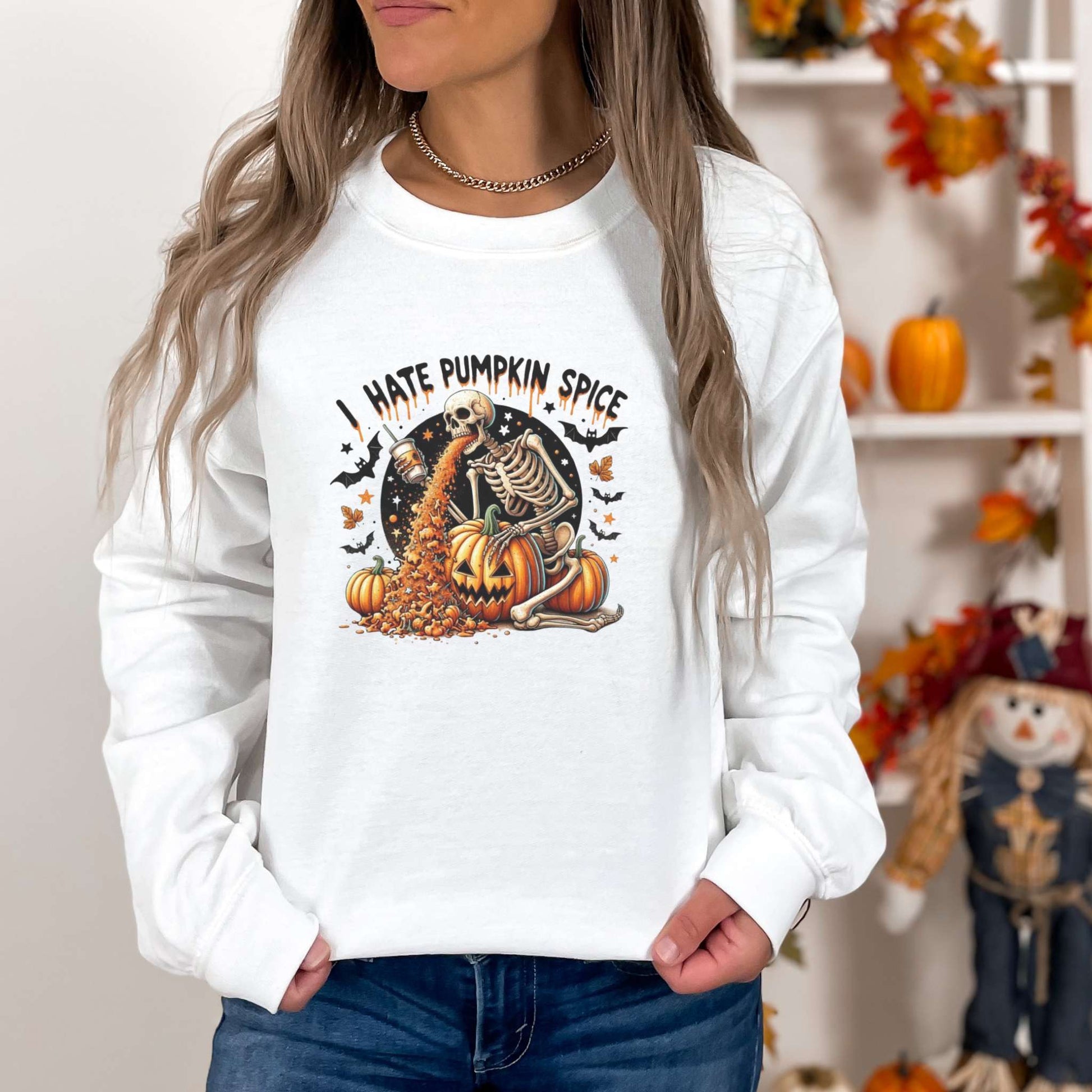 i hate pumpkin spice. skeleton sick of pumpkin spice, halloween, womens sweatshirt, white