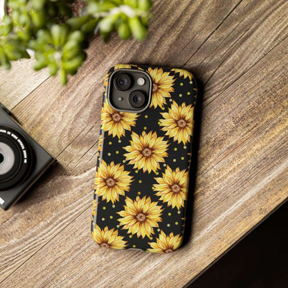 sunflower daze cell phone case, tough case, tech accessries, sunflower print with black background, iphone15