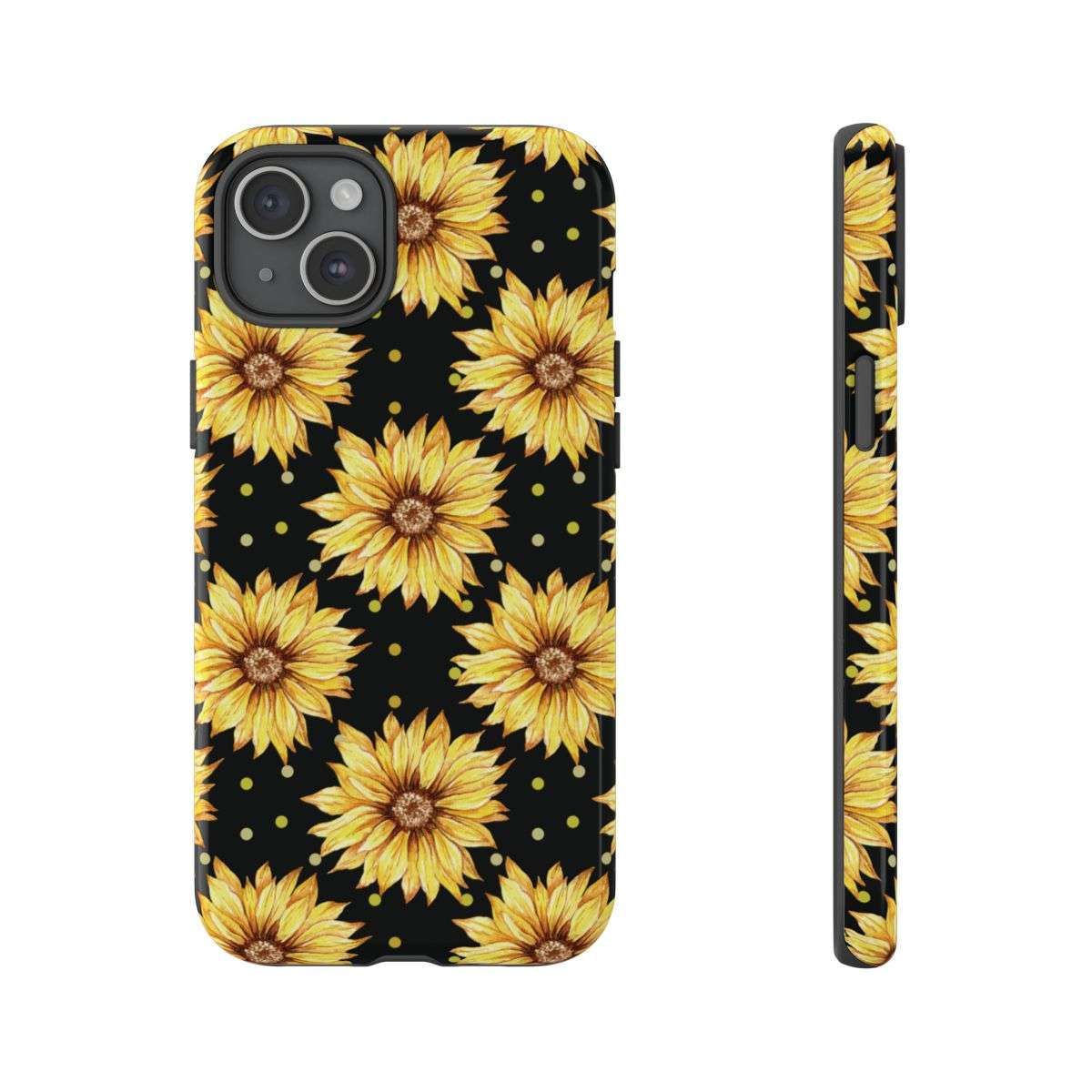 sunflower daze cell phone case, tough case, tech accessries, sunflower print with black background, iphone15 plus