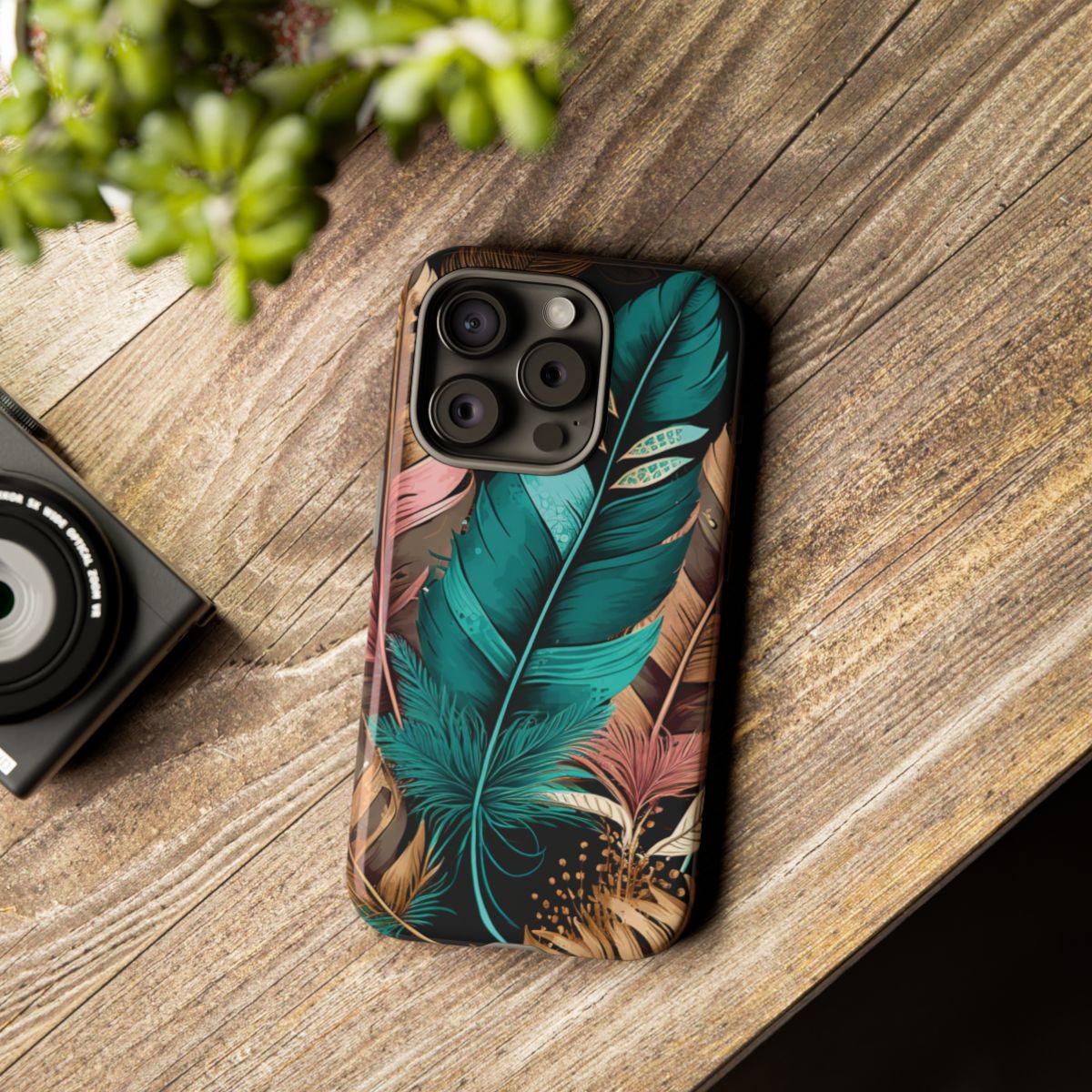 feather dreams cell phone case, boho feather, green feather, tech accessories, iphone15 pro 