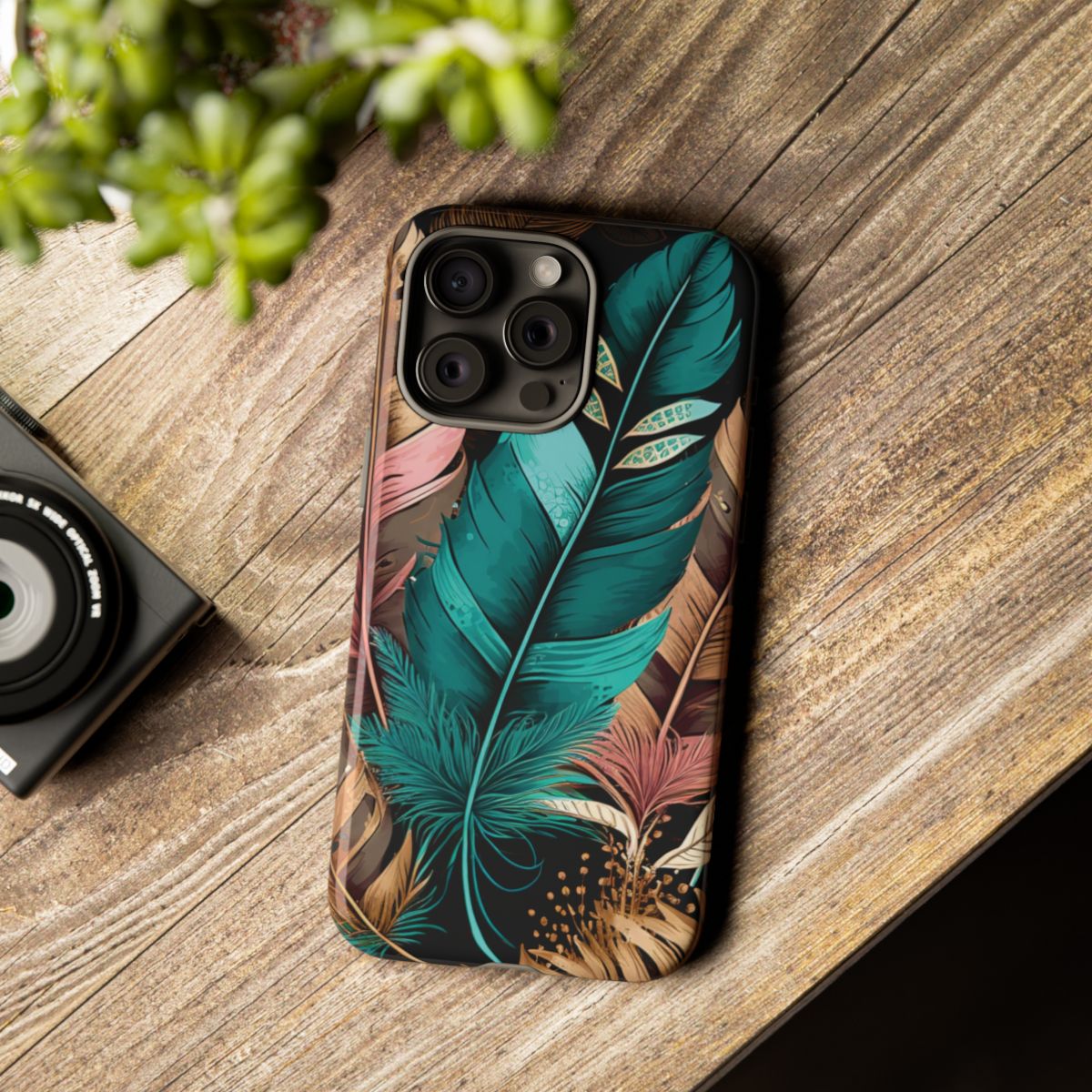 feather dreams cell phone case, boho feather, green feather, tech accessories, iphone15 pro max