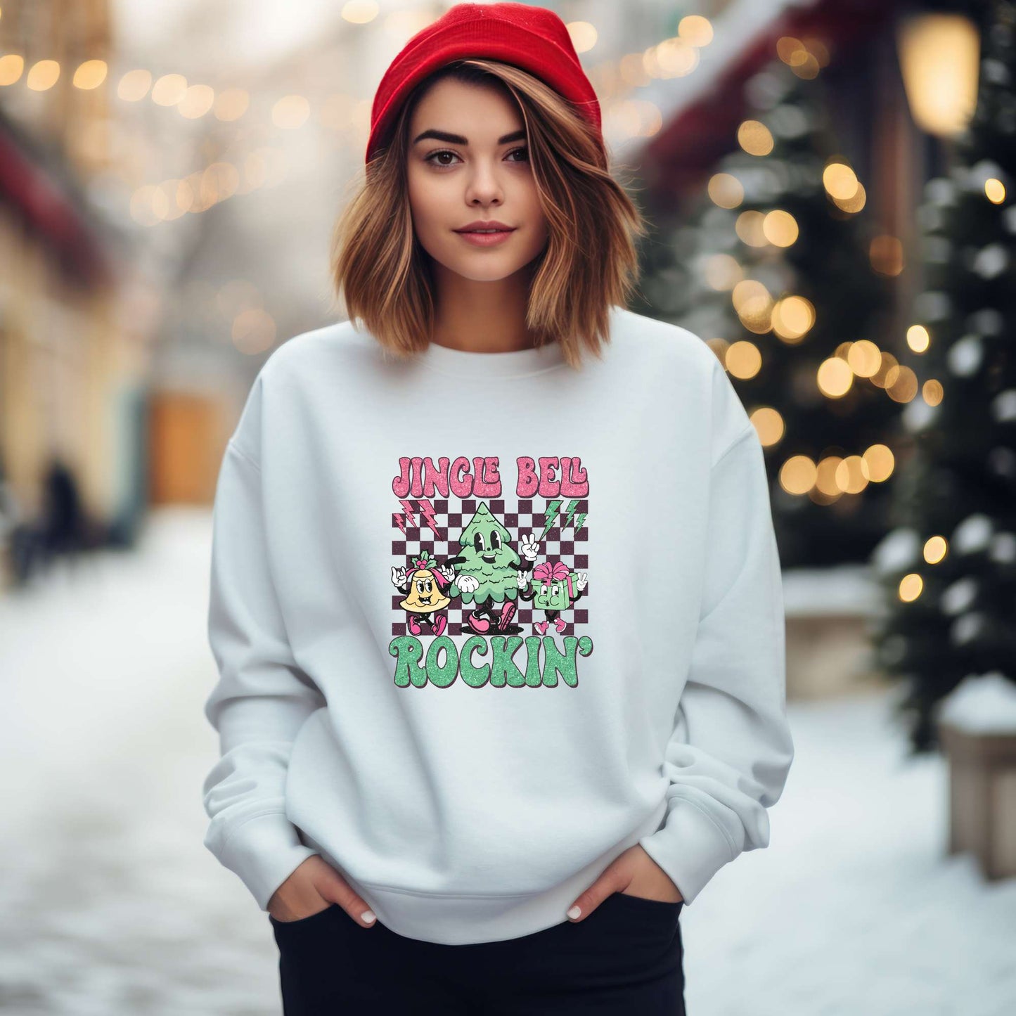 jingle bell rockin, retro Christmas apparel, womens holiday sweatshirt, white