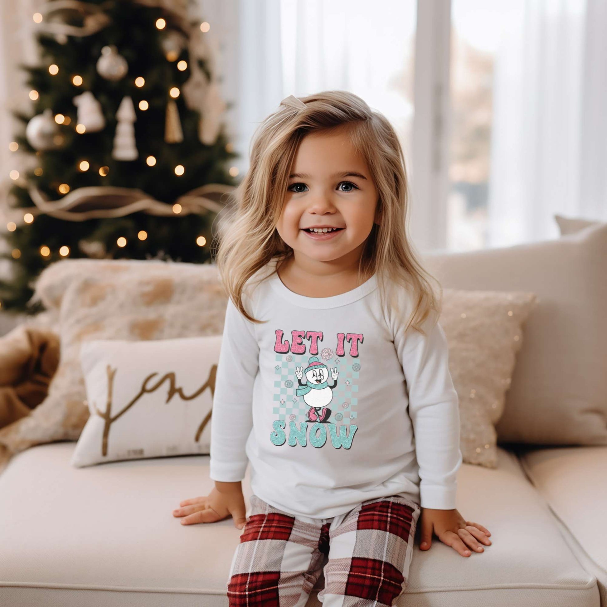 Let It Snow, snowman graphic, retro design, toddler girls long sleeve, white