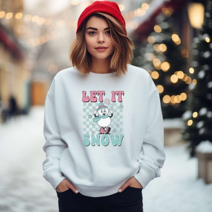 Let it snow, retro design, snowman, holiday sweatshirt, women's Christmas top, white