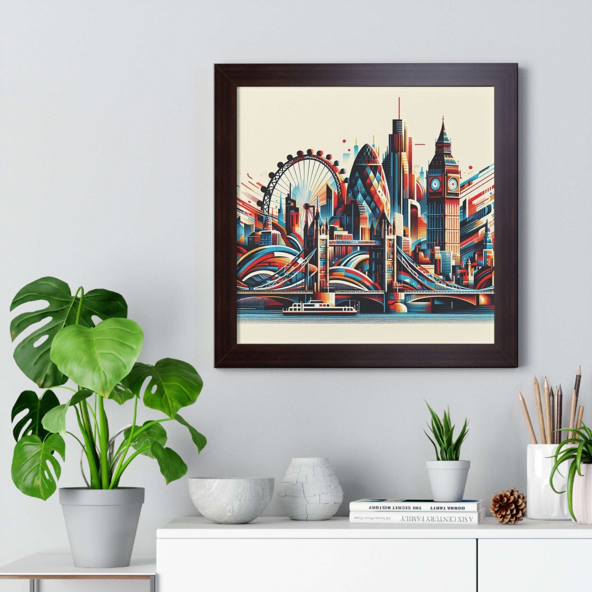 london, abstract art, framed poster, art print, travel, city skyline, housewarming, gift, birthday, christmas, home decor, wall art, walnut frame