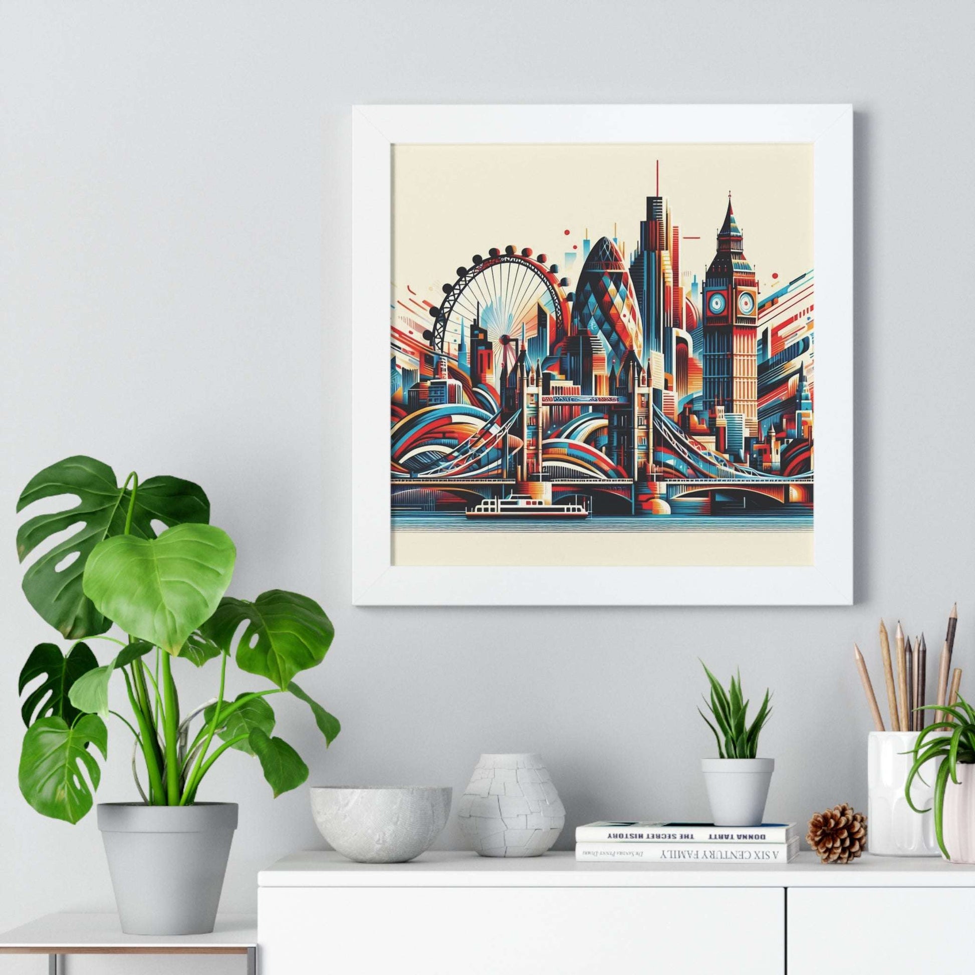 london, abstract art, framed poster, art print, travel, city skyline, housewarming, gift, birthday, christmas, home decor, wall art, white frame