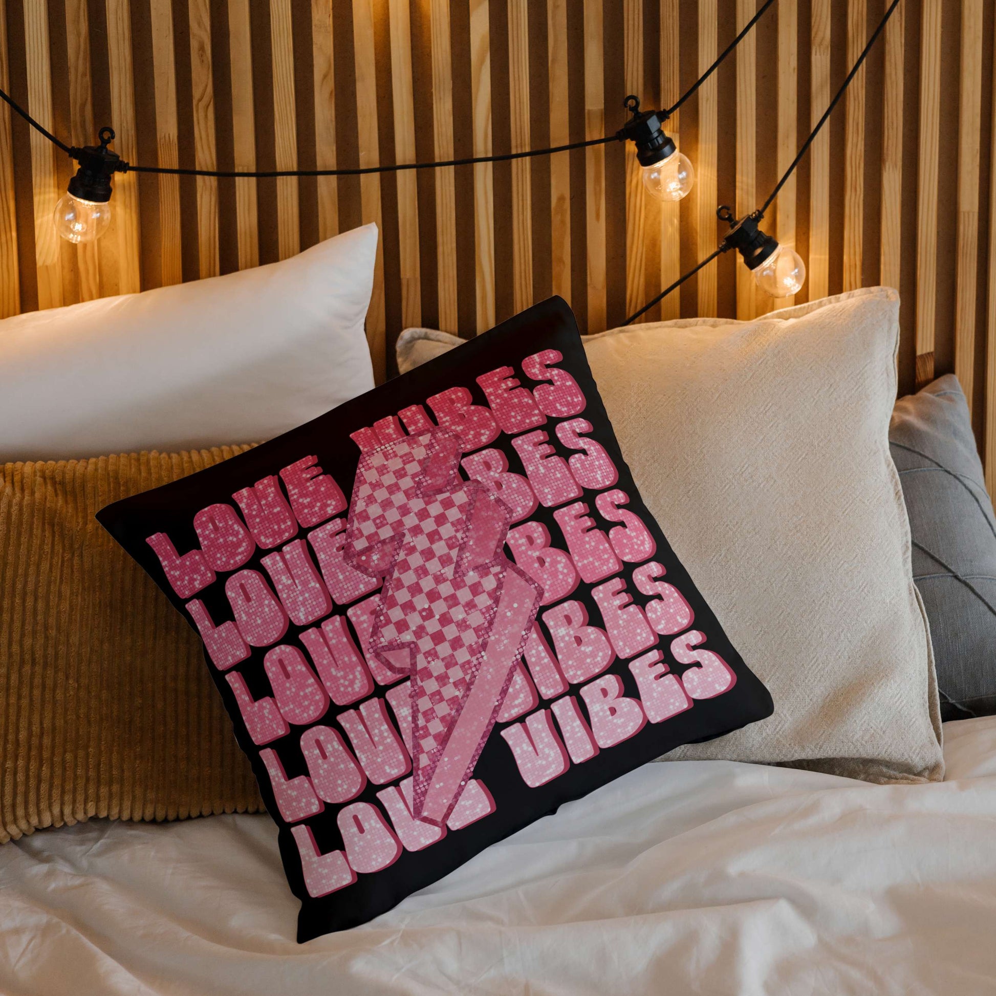 Love Vibes, home accent pillow, valentines day, black and pink