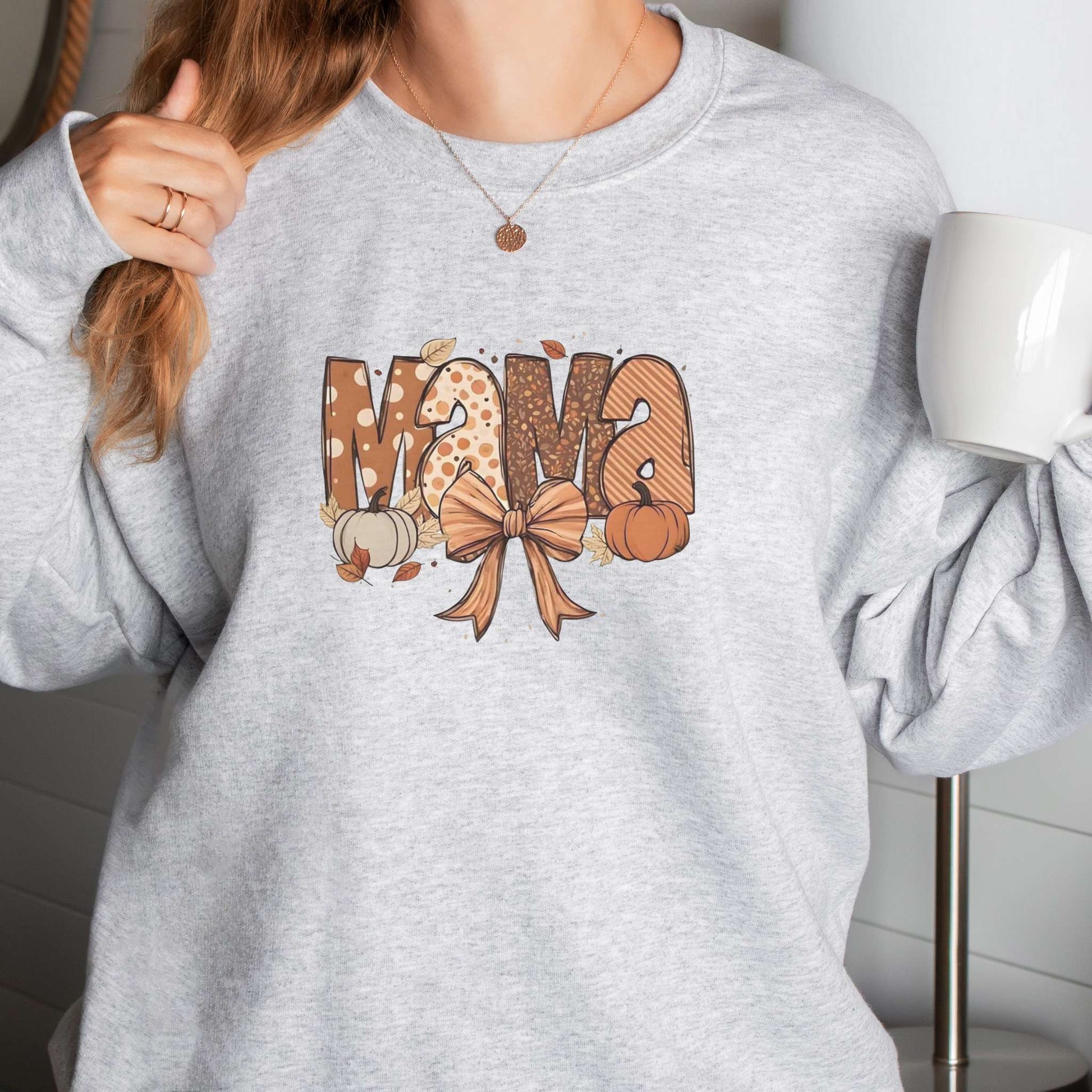 mama, thanksgiving sweatshirt, pumpkins, leaves, bow design, fall apparel, ash