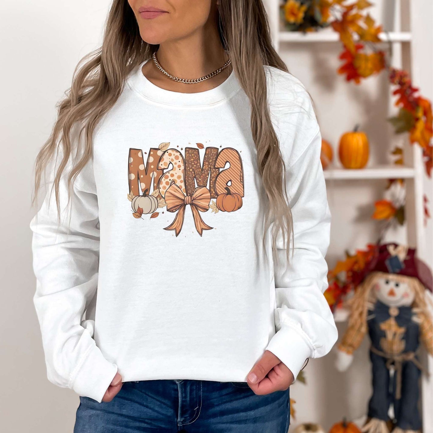 mama, thanksgiving sweatshirt, pumpkins, leaves, bow design, fall apparel, white