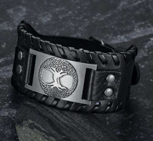 mens leather arm cuff, mens bracelet, metal plate, tree of life