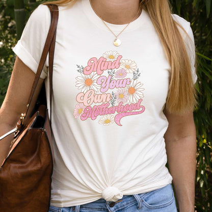 mind your own motherhood womens tee floral sparkly design natural