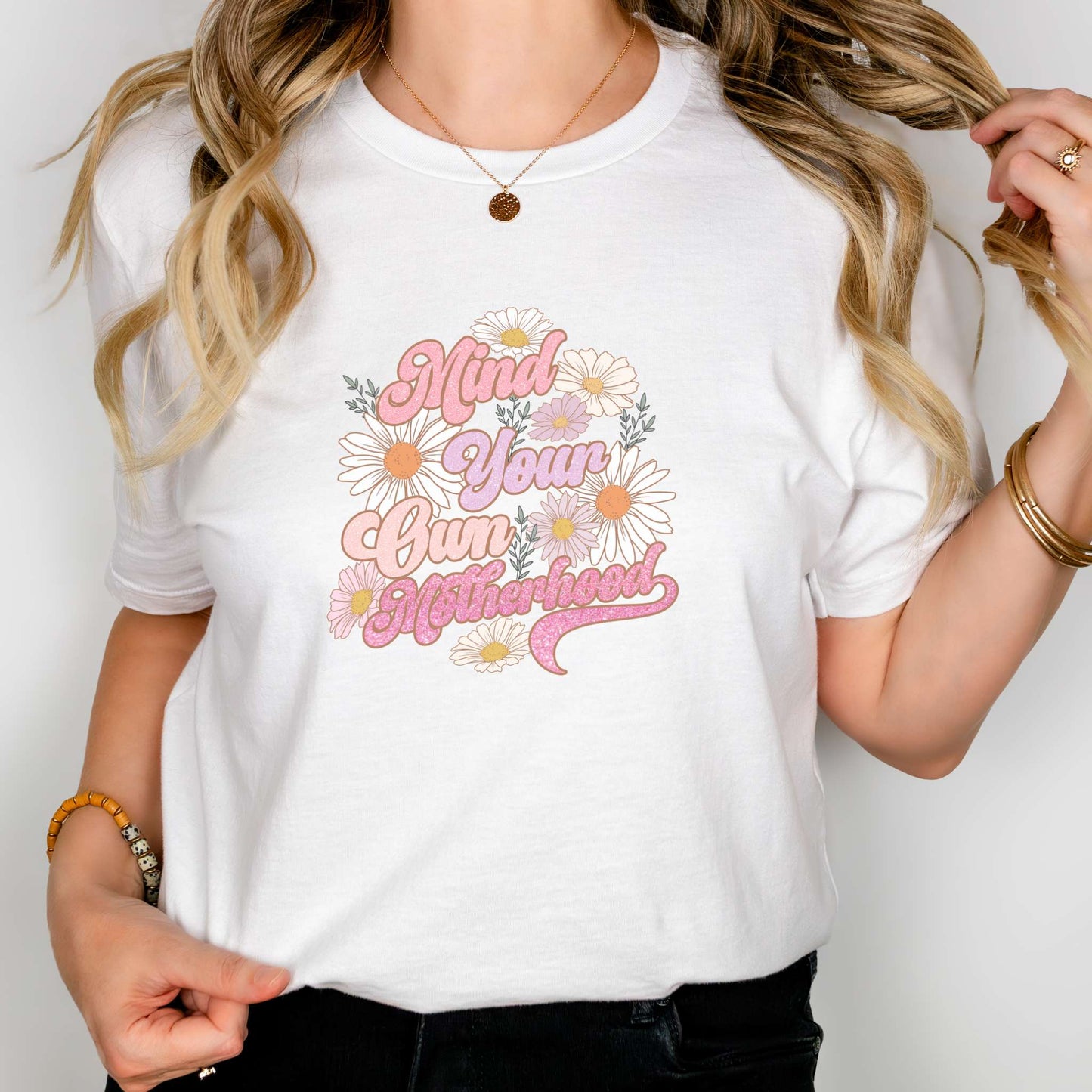 mind your own motherhood womens tee floral sparkly design white