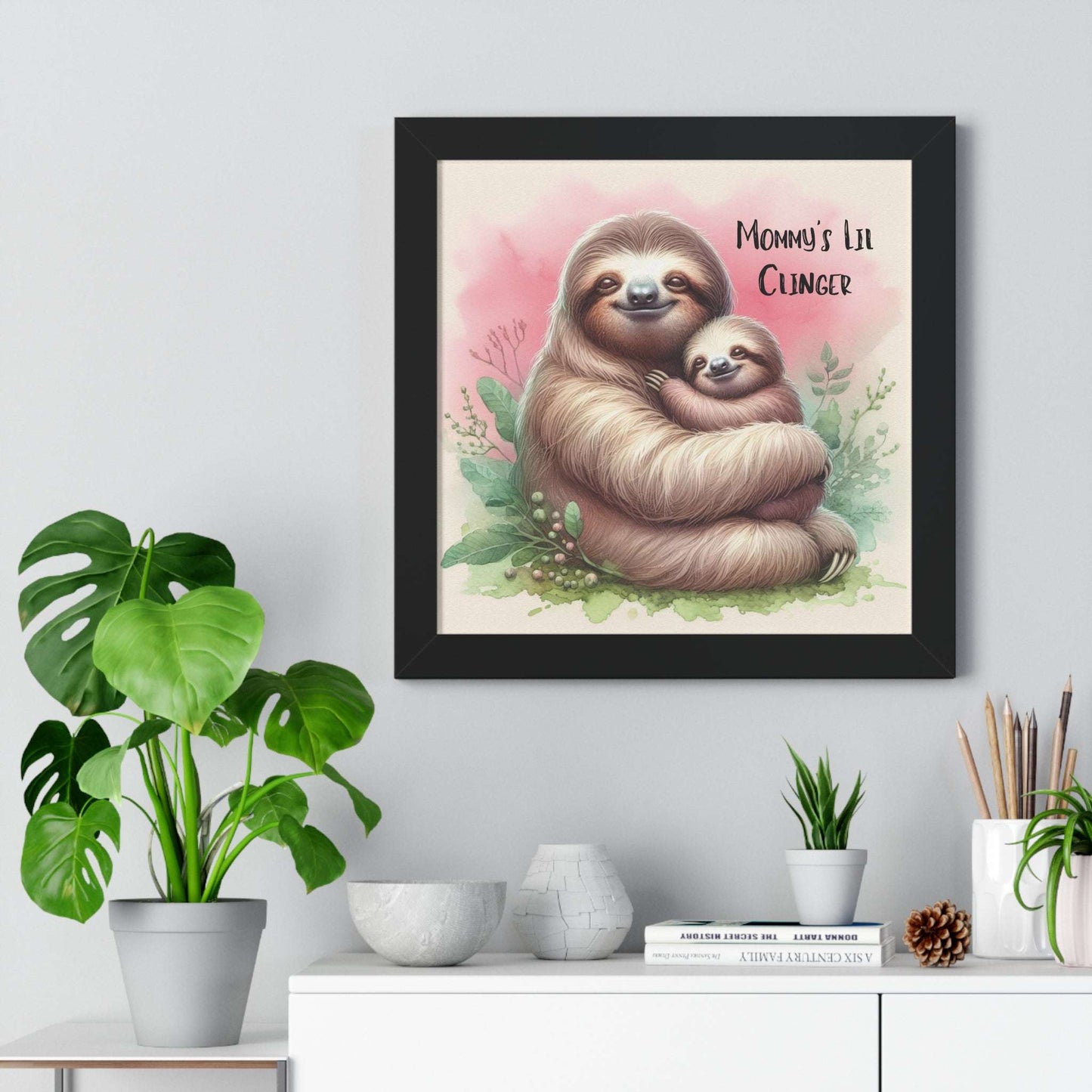 mommy and me, mommy's lil clinger, sloth, framed poster print, wall art, home decor 16"x16",