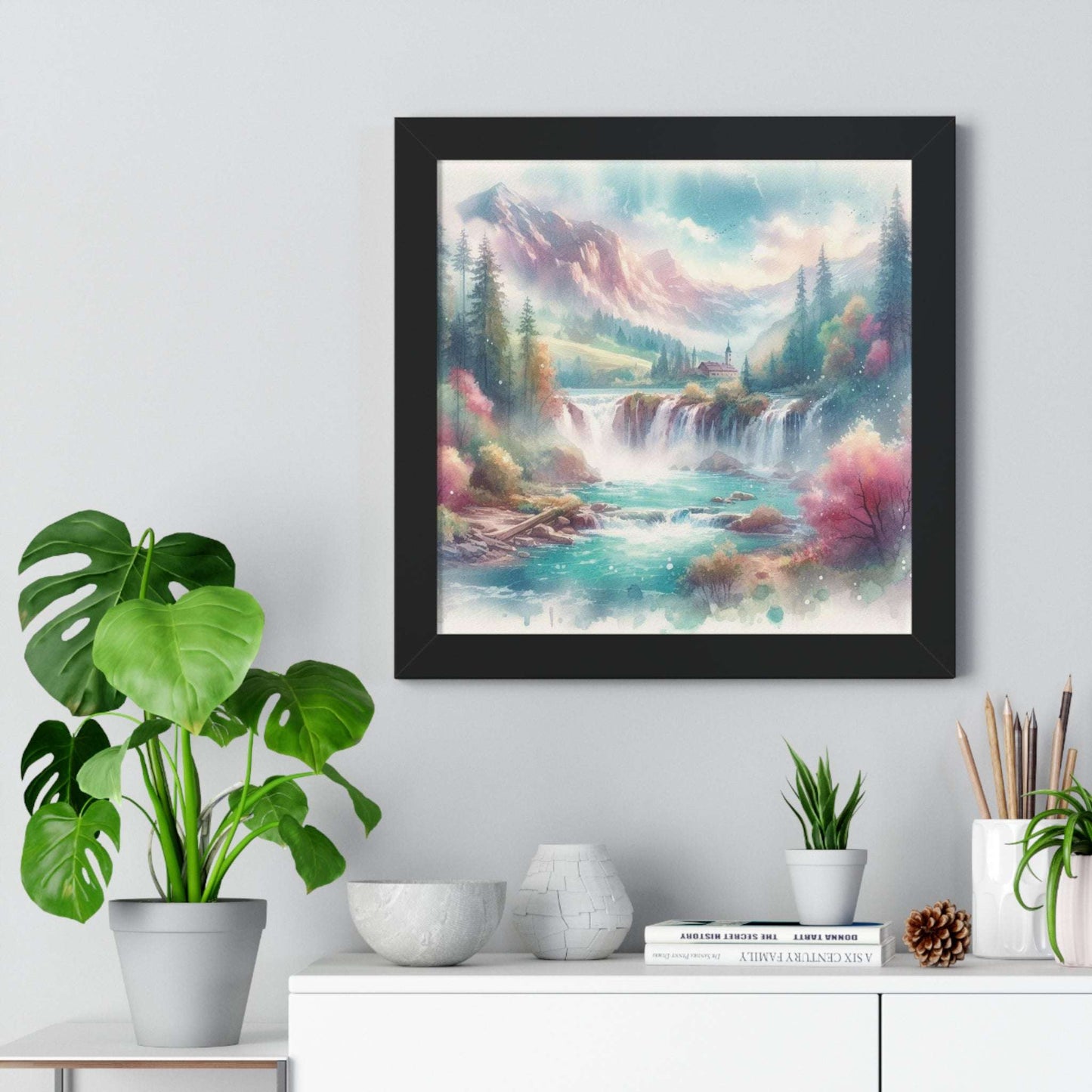 mountain waterfall art, watercolor, 16"x16" framed poster print