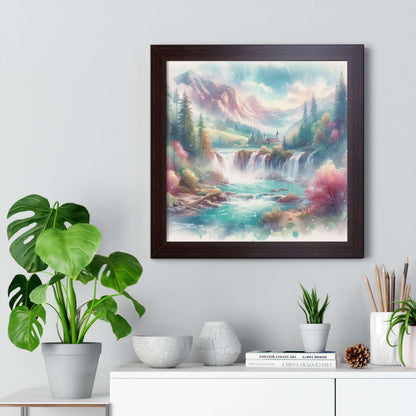 mountain waterfall art, watercolor, 16"x16" framed poster print, walnut frame