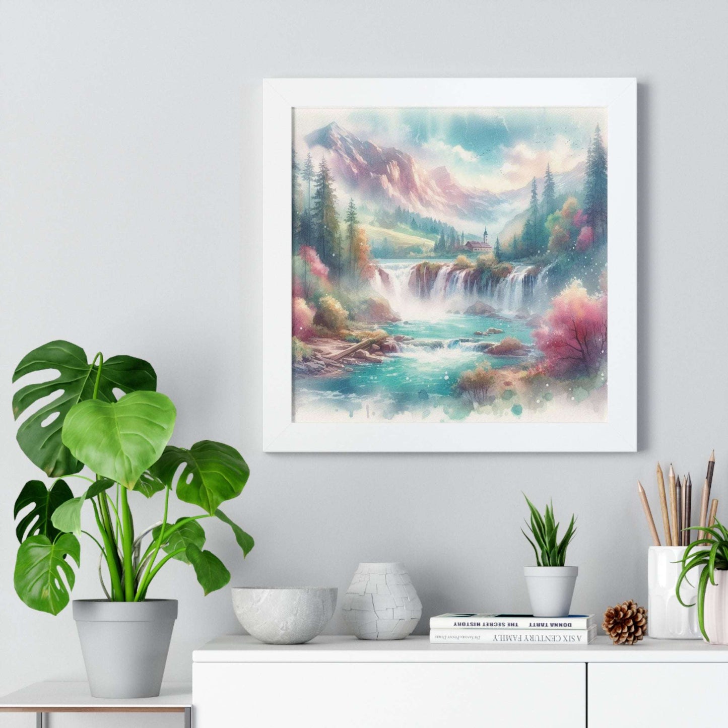 mountain waterfall art, watercolor, 16"x16" framed poster print, white frame