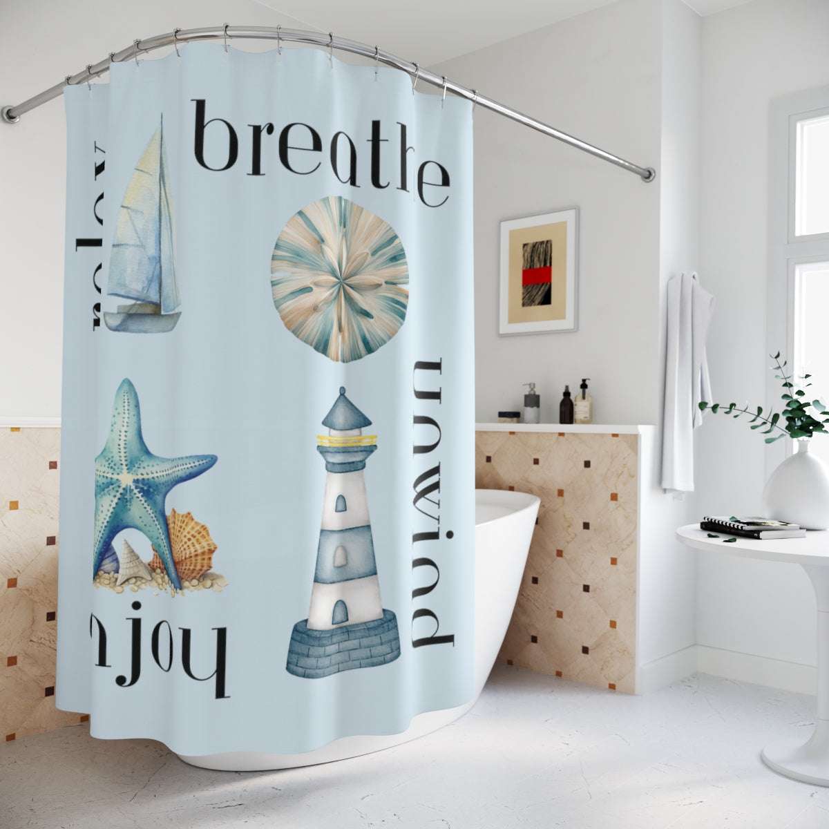 nautical dream shower curtain, 71"x74", bathroom decor, nautical theme, relax breathe unwind enjoy