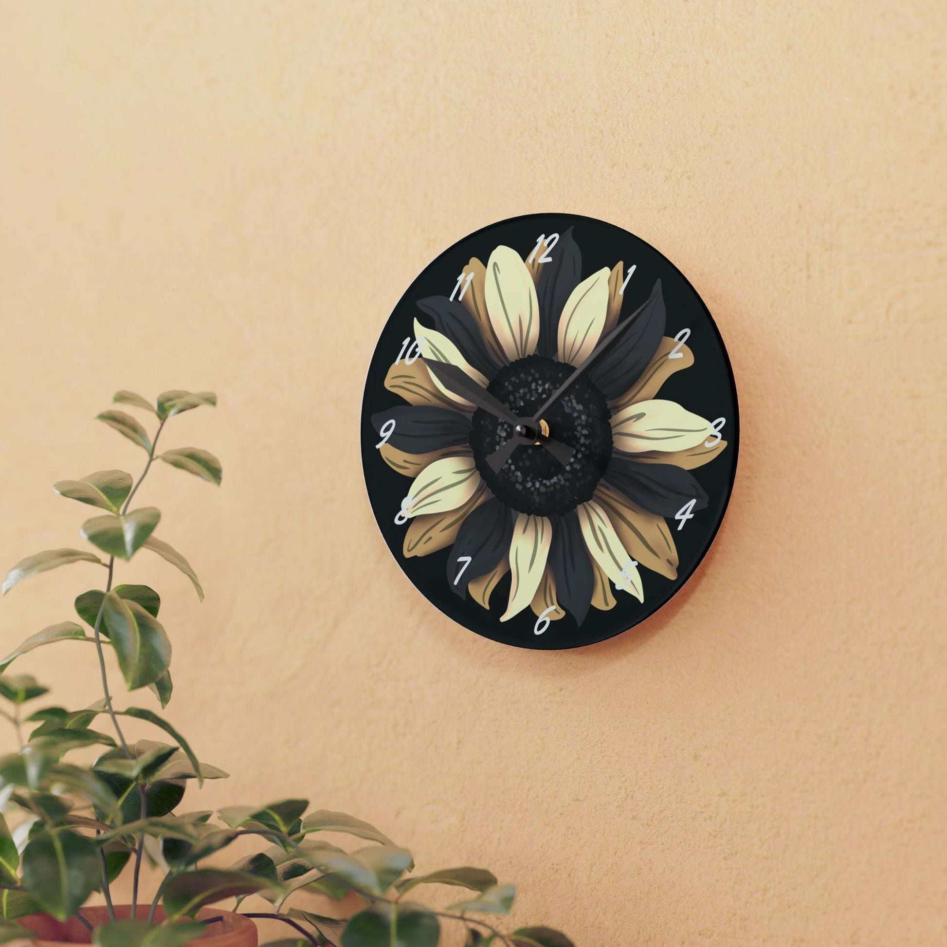 Neutral sunflower, black white and tan, home decor, acrylic wall clock, floral, 8"