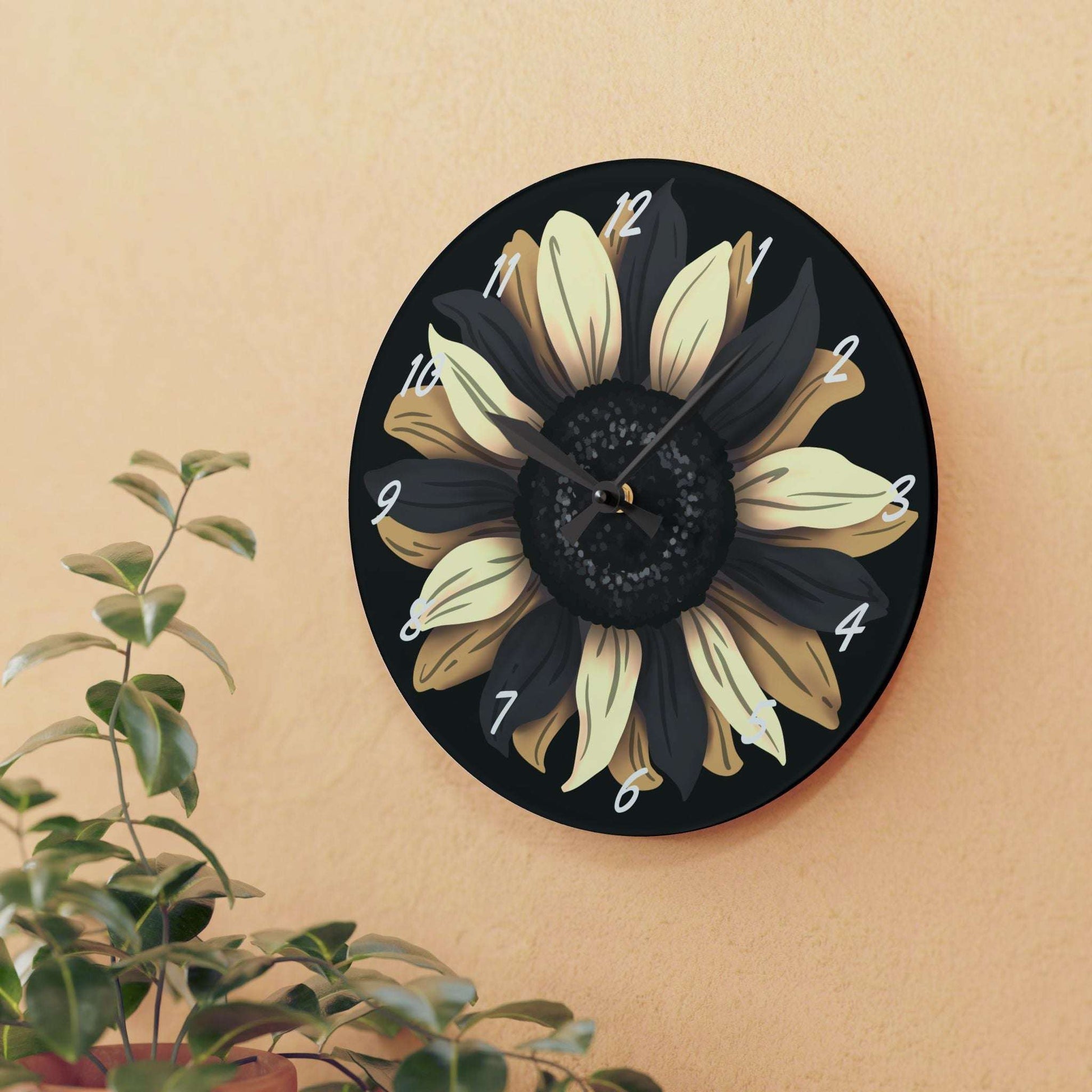 Neutral sunflower, black white and tan, home decor, acrylic wall clock, floral, 10"