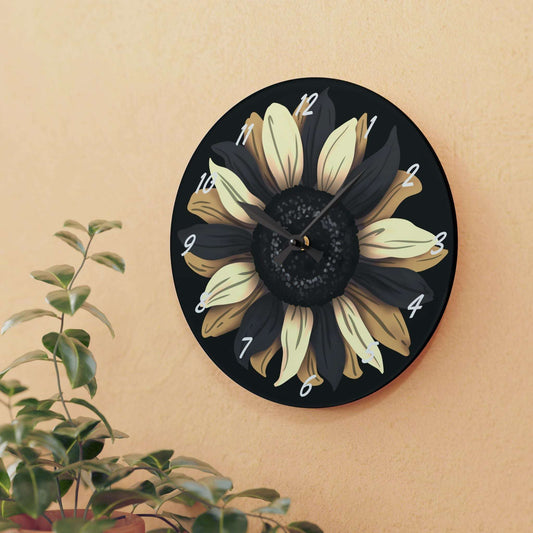 Neutral sunflower, black white and tan, home decor, acrylic wall clock, floral, 10"