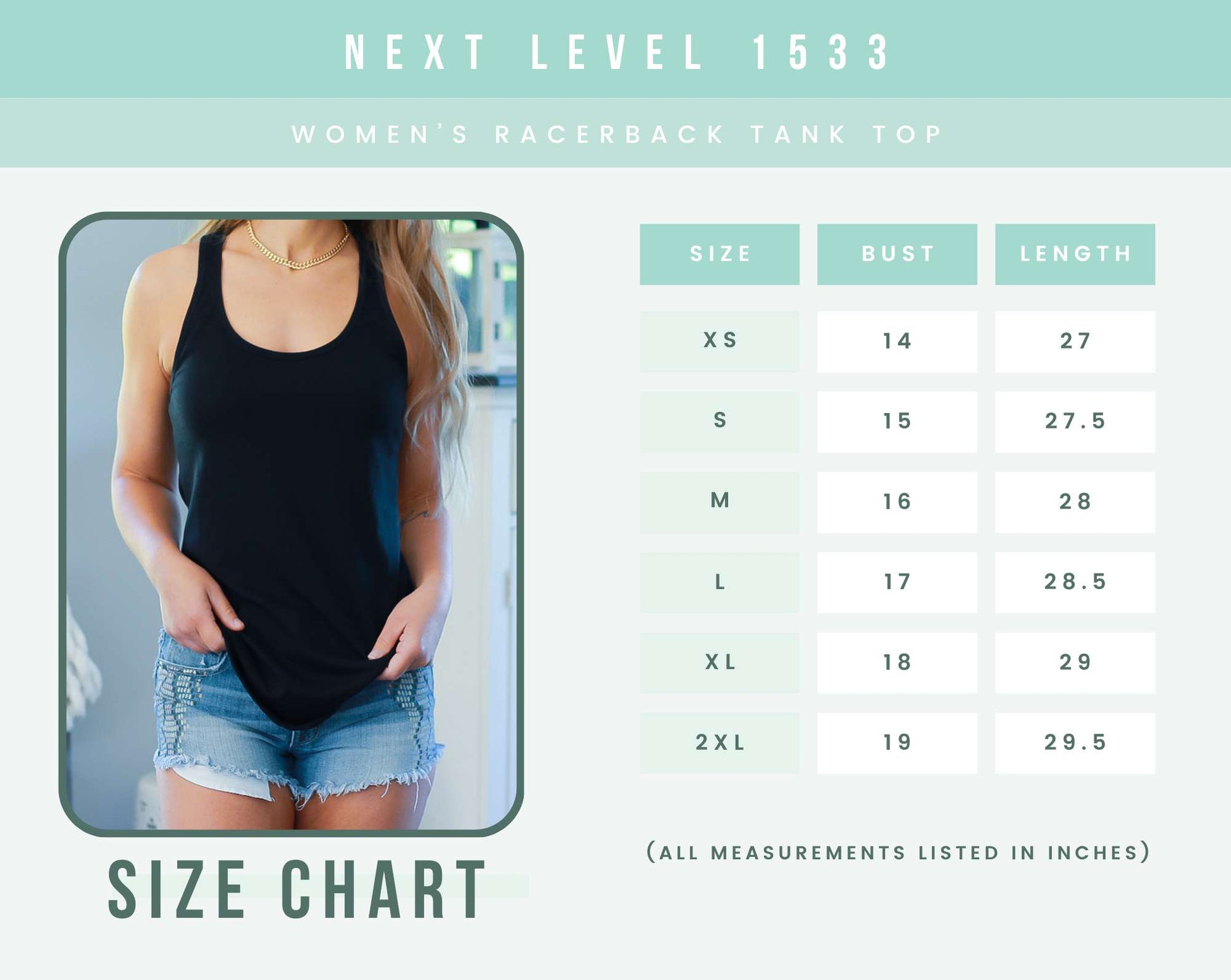 next level racerback tank top size chart