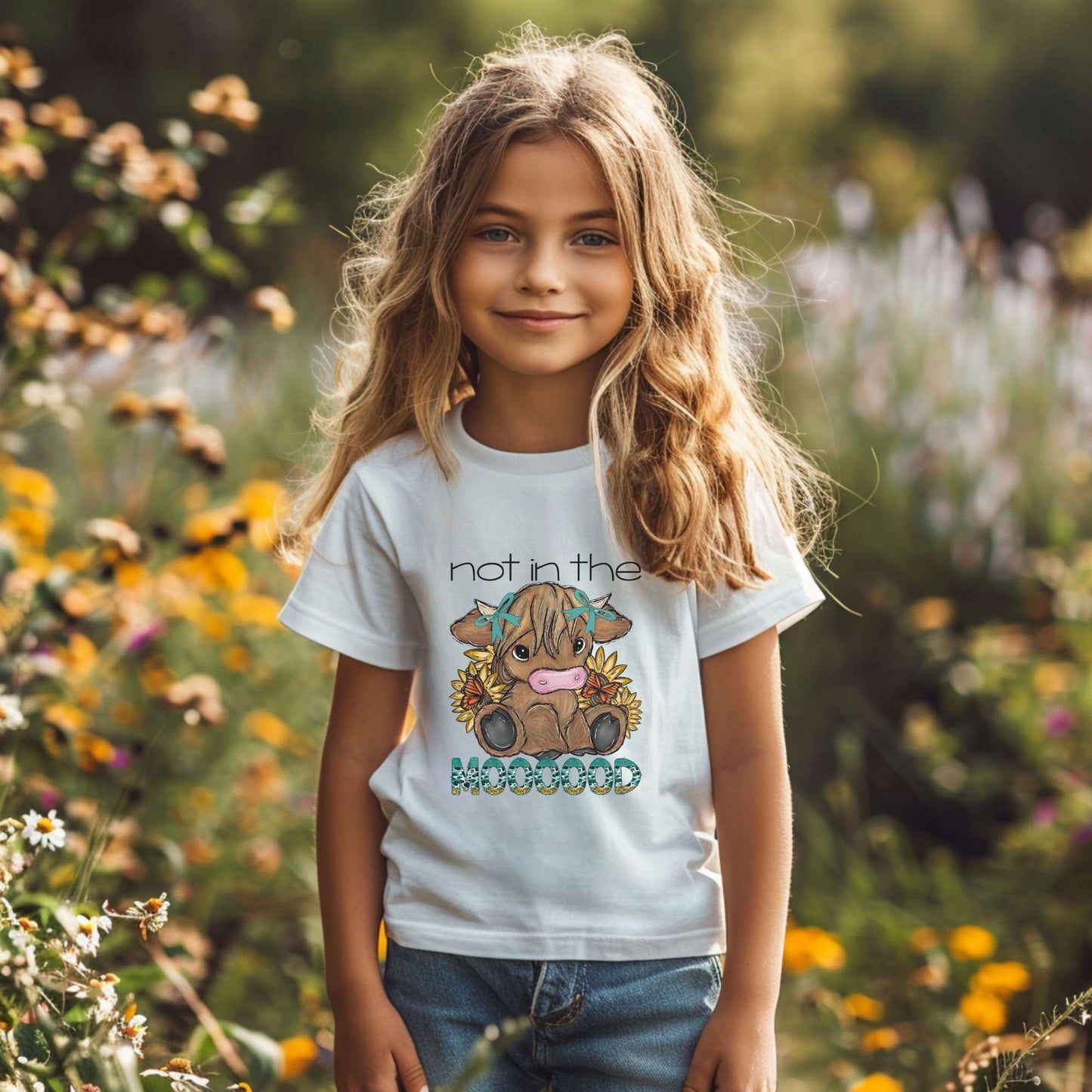 not in the mood highland cow, toddler tee, girls tops, white