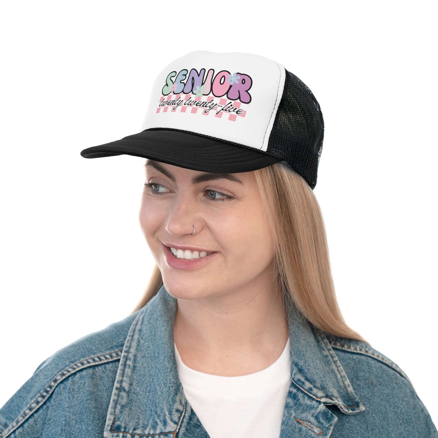 pastel senior 2025, retro design, black trucker hat, girls hat,