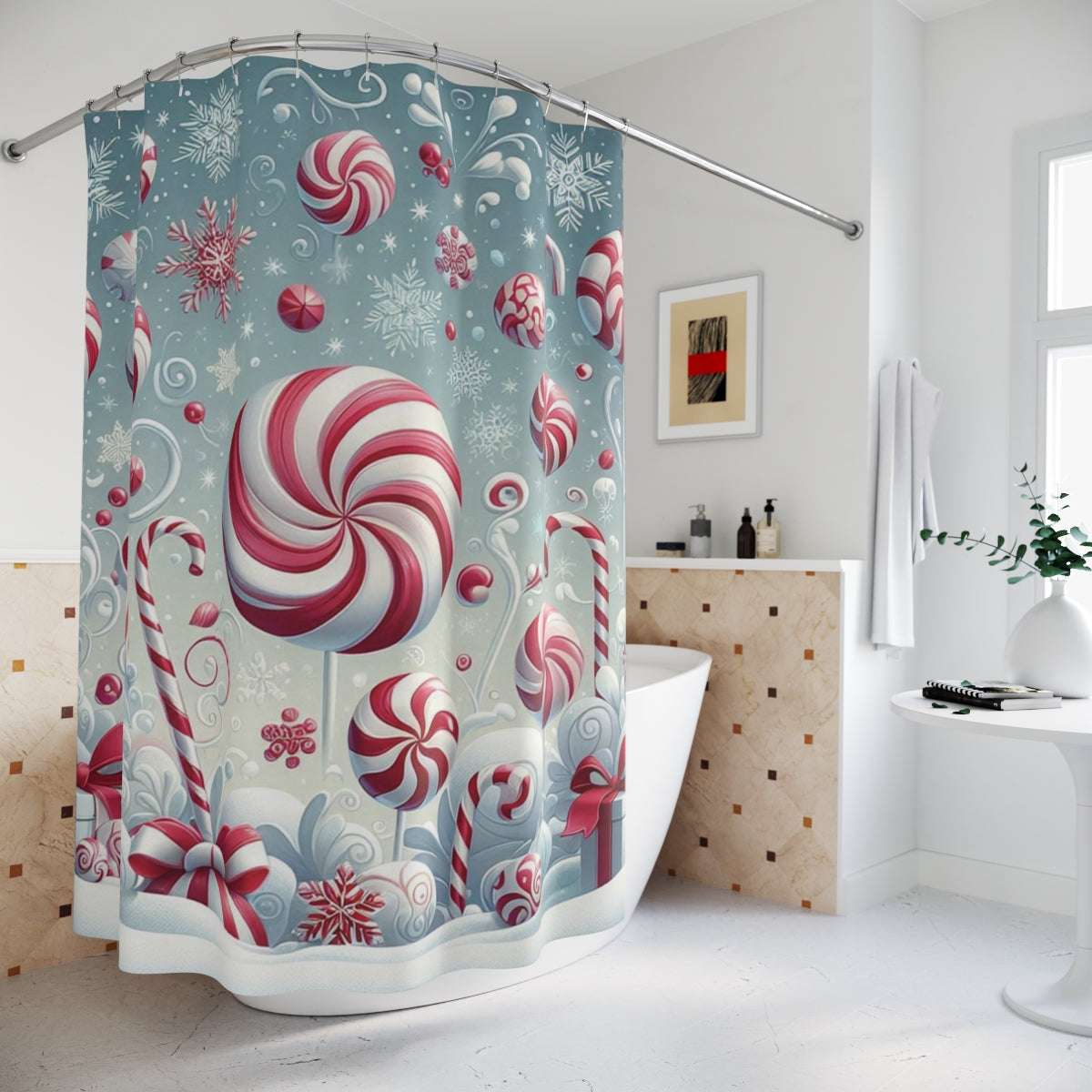 peppermint wonderland shower curtain, holiday home decor, candy canes and peppermint swirls, 71"x74"