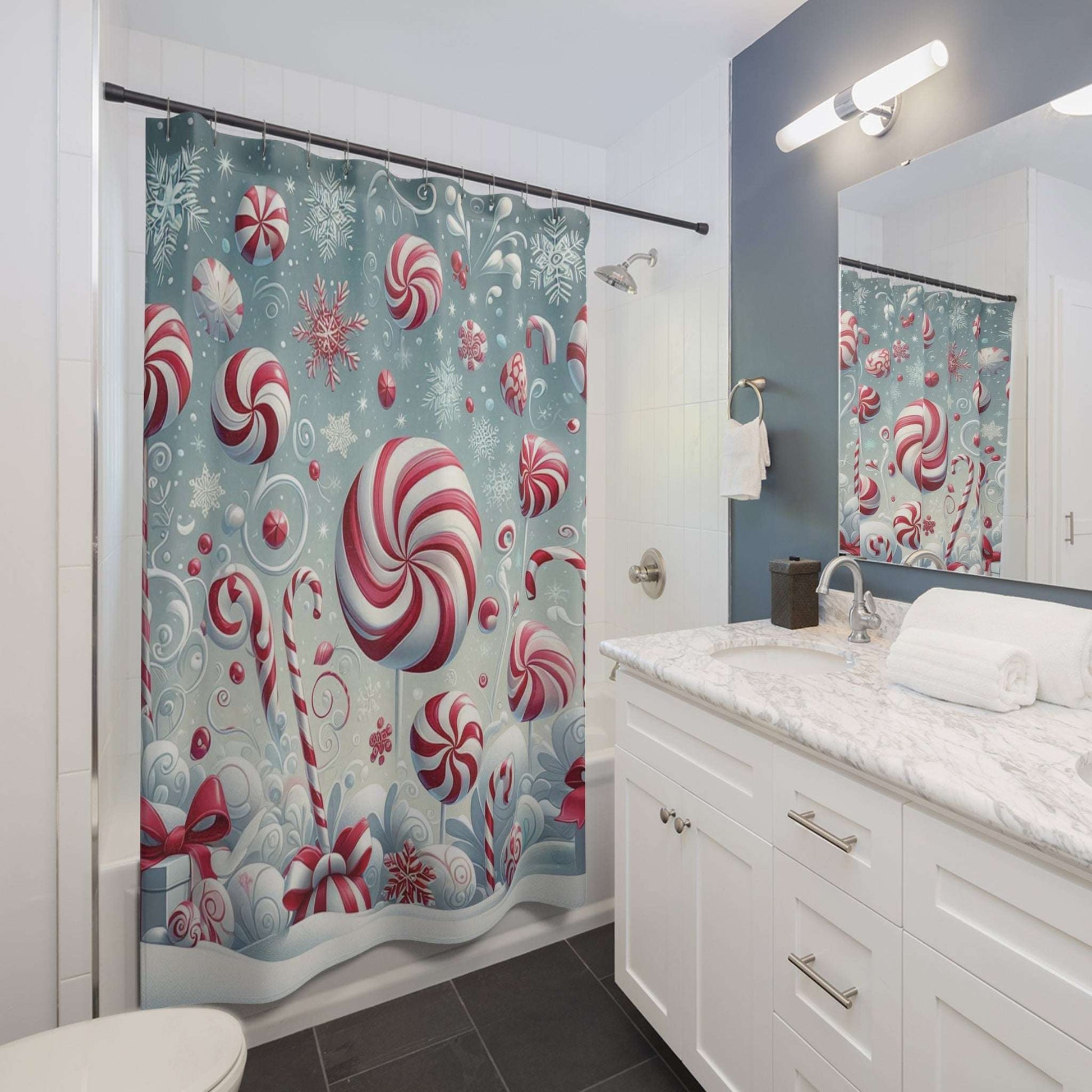 peppermint wonderland shower curtain, holiday home decor, candy canes and peppermint swirls, 71"x74"