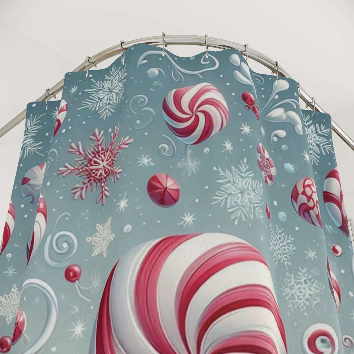 peppermint wonderland shower curtain, holiday home decor, candy canes and peppermint swirls, 71"x74"