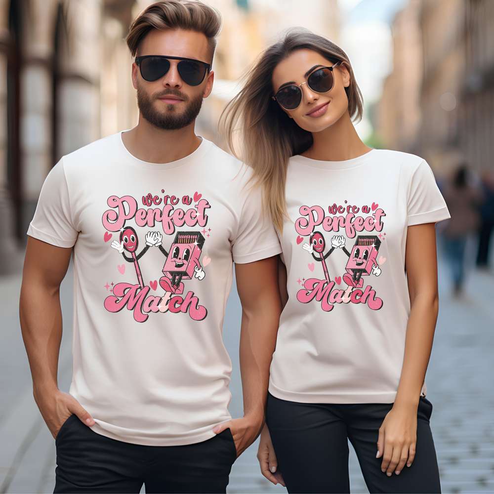 we're a perfect match, retro design, matches, matchbox, couple retro apparel, unisex, men's t-shirt, women's t-shirt, white