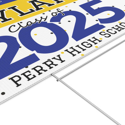 personalized graduate yard sign, personalize with name and school, class of 2025, blue and gold