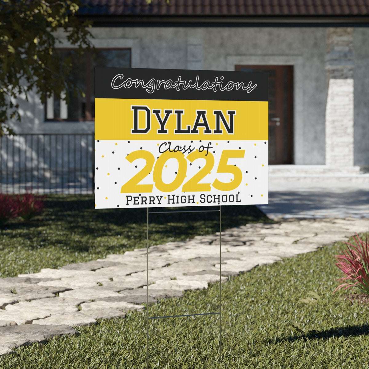 personalized graduate yard sign, personalize with name and school, class of 2025, black and gold