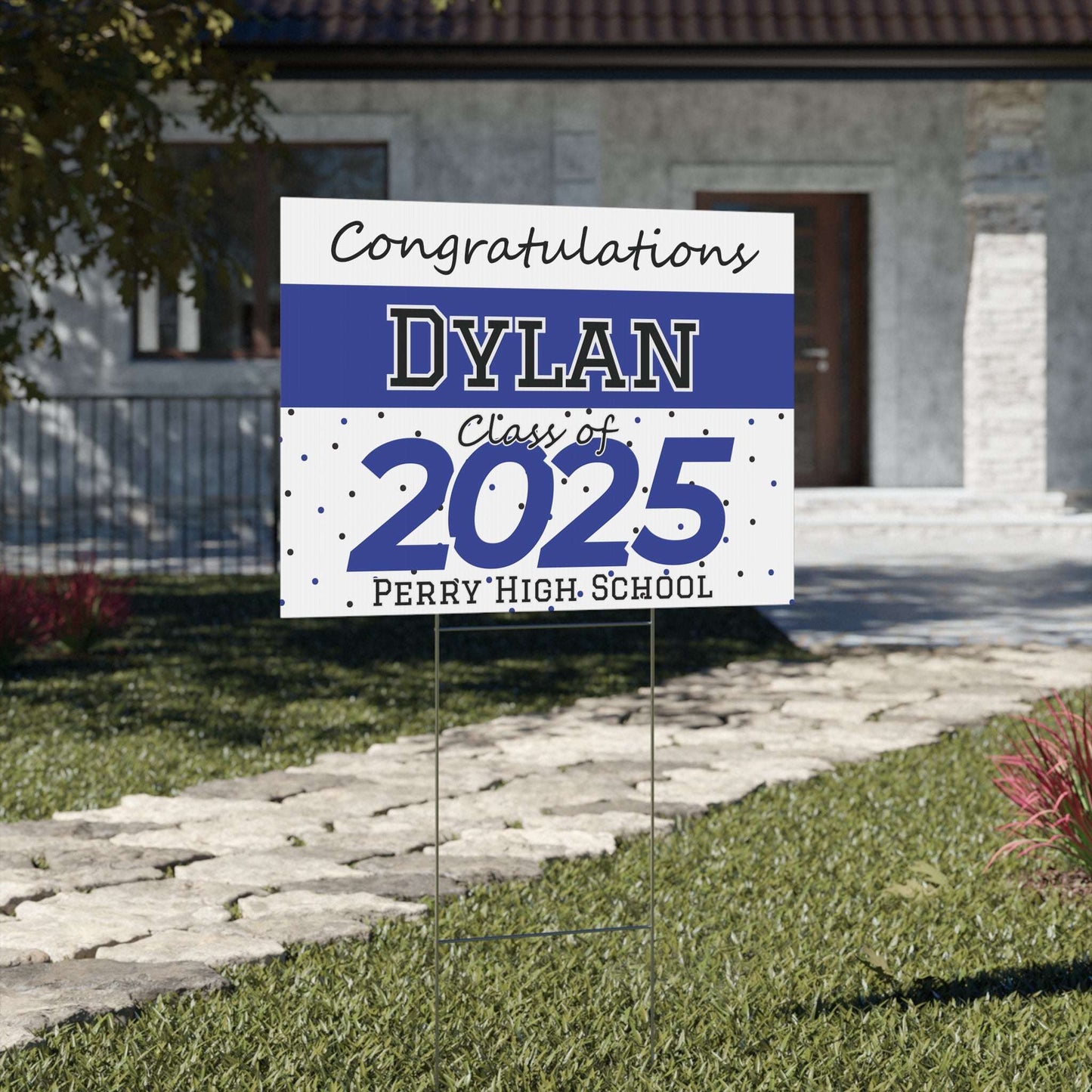 personalized graduate yard sign, personalize with name and school, class of 2025, blue and white