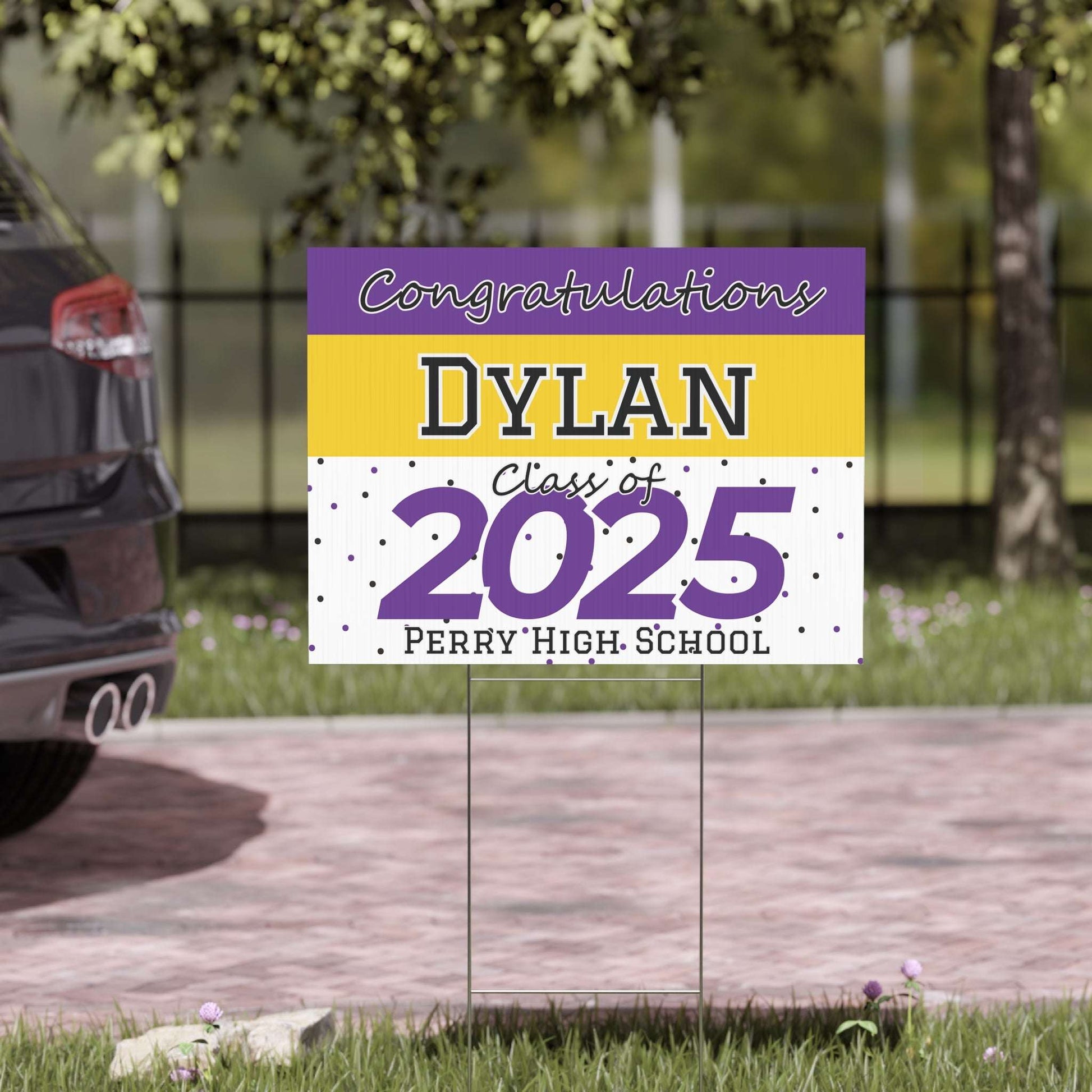 personalized graduate yard sign, personalize with name and school, class of 2025, purple and gold