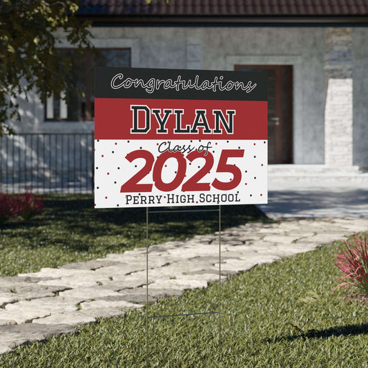 personalized graduate yard sign, personalize with name and school, class of 2025, red and black