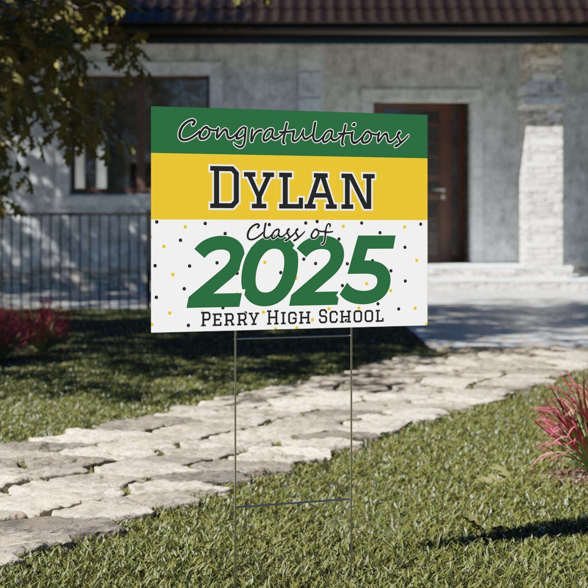 personalized graduate yard sign, personalize with name and school, class of 2025, green and gold