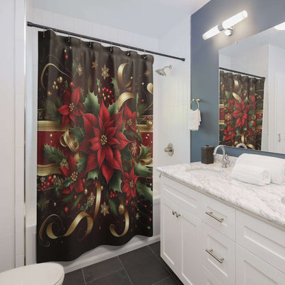 Poinsettia christmas shower curtain, floral, 71"x74", holiday home decor