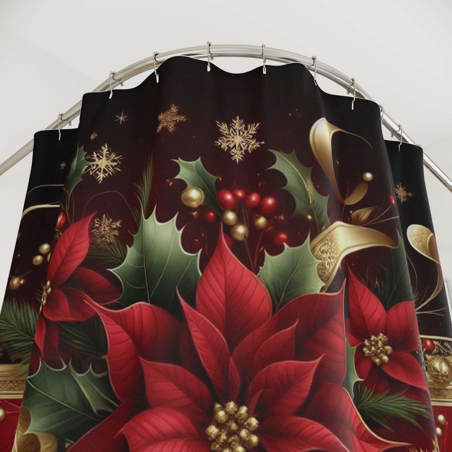 Poinsettia christmas shower curtain, floral,71"x74", holiday home decor, close up view