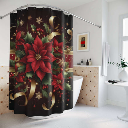 Poinsettia christmas shower curtain, 71"x74", holiday home decor, floral