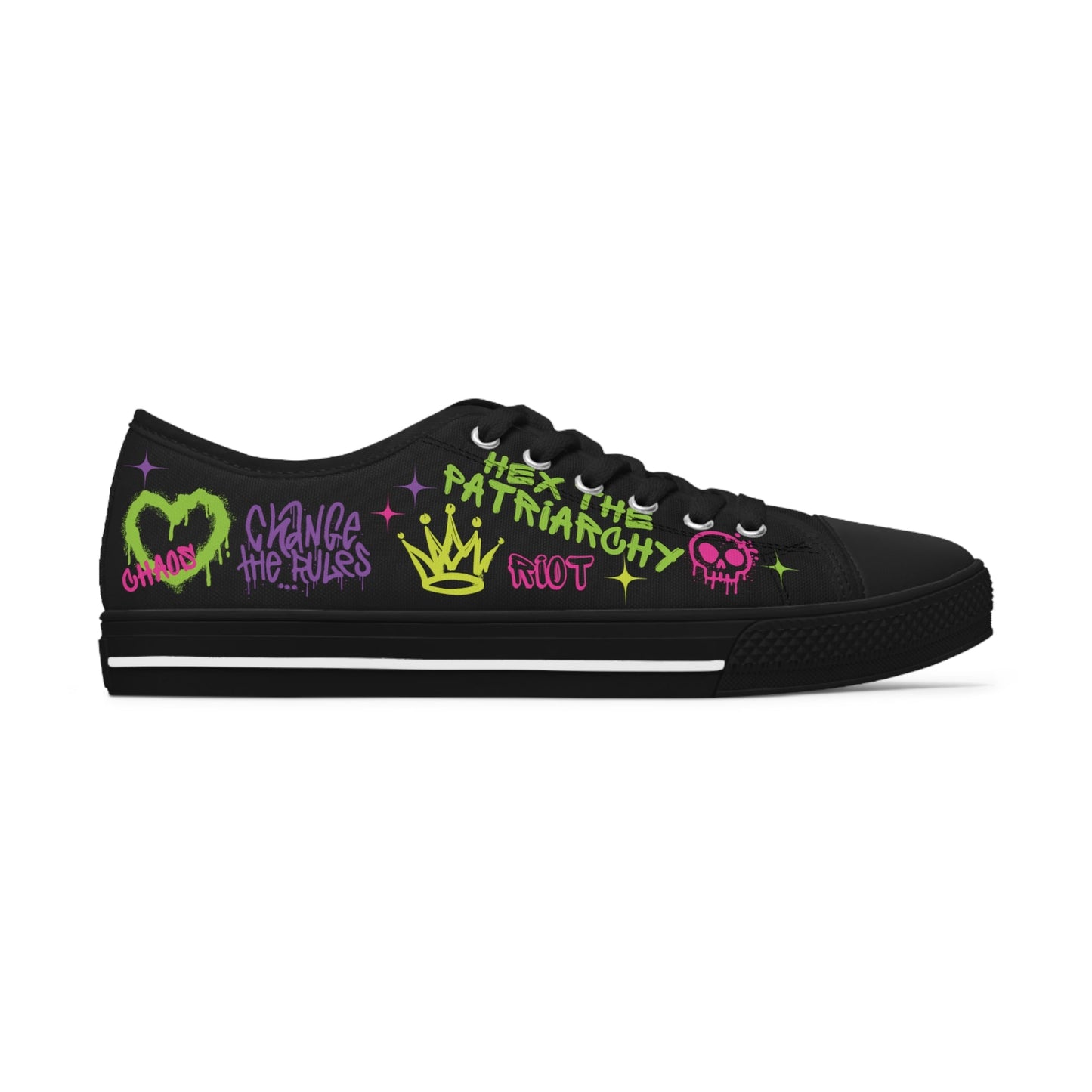 rage against the patriarchy, womens low top sneakers, graffiti designs, black soles