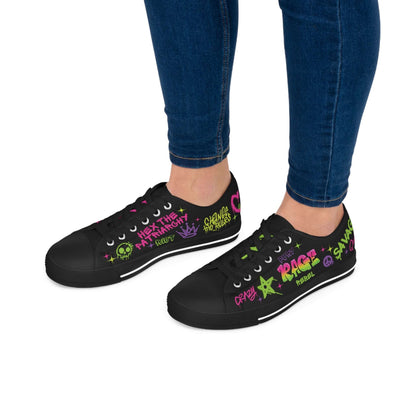 rage against the patriarchy, womens low top sneakers, graffiti designs, black soles