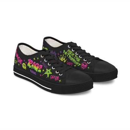 rage against the patriarchy, womens low top sneakers, graffiti designs, black soles