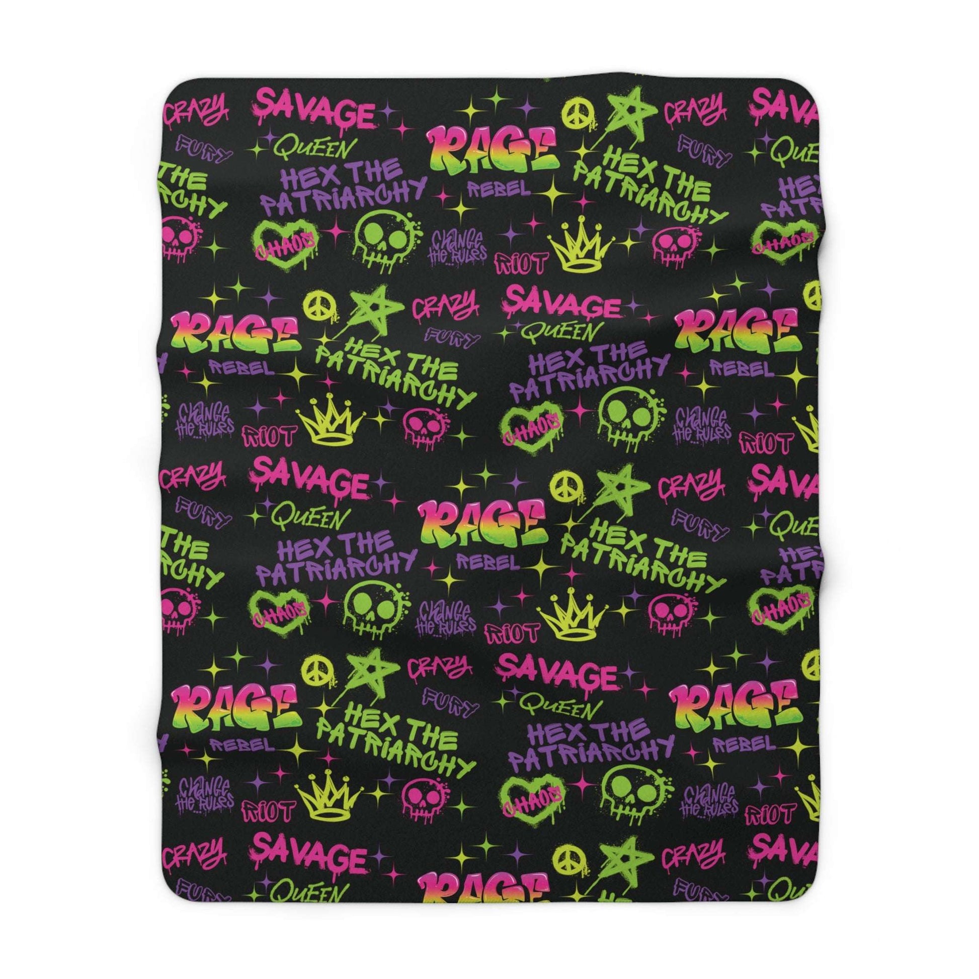 rage against the patriarchy, sherpa fleece blanket, feminism, black blanket, neon graphics,