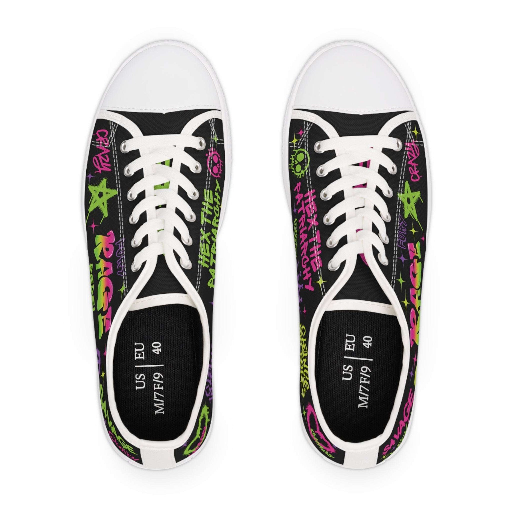 rage against the patriarchy, womens low top sneakers, graffiti designs, white soles