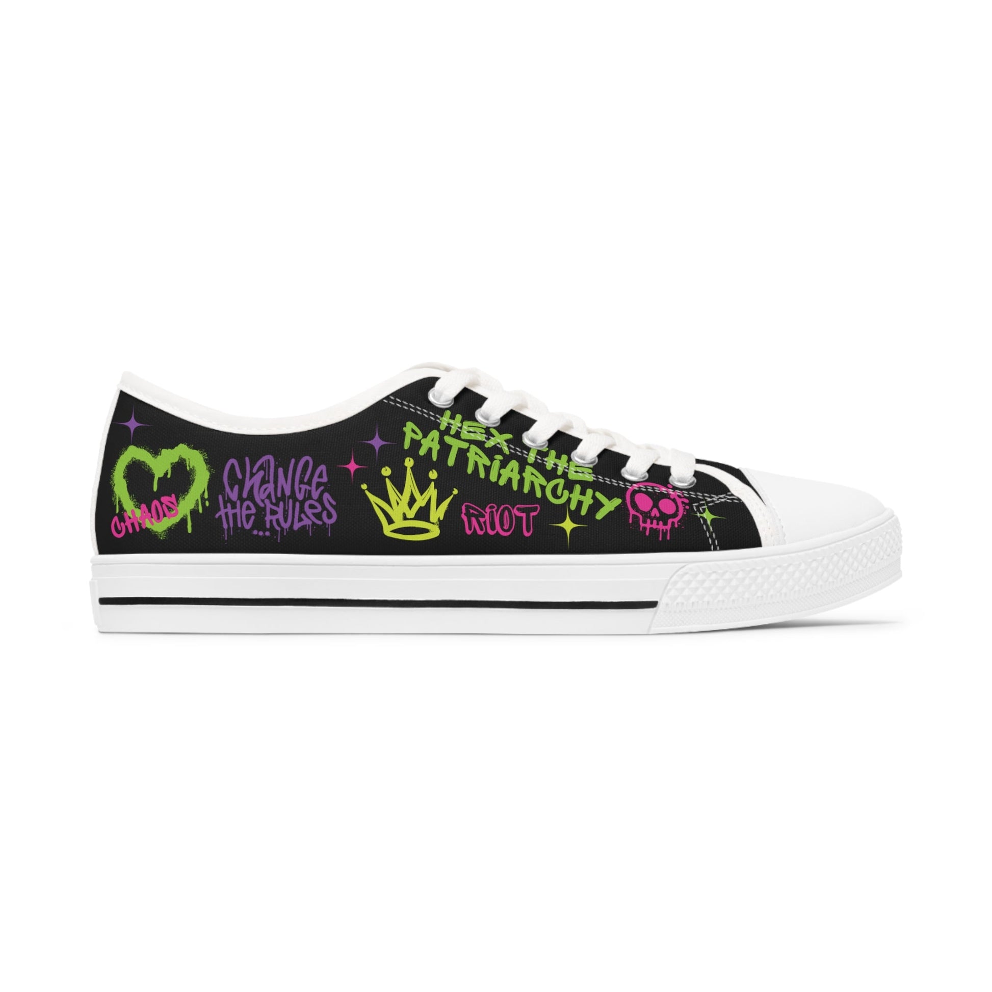 rage against the patriarchy, womens low top sneakers, graffiti designs, white soles