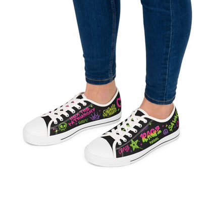 rage against the patriarchy, womens low top sneakers, graffiti designs, white soles