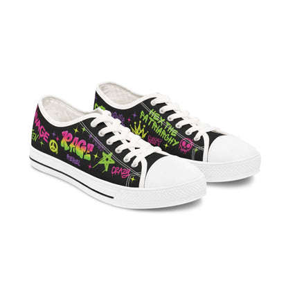 rage against the patriarchy, womens low top sneakers, graffiti designs, white soles