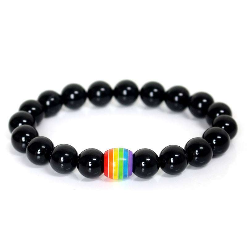 rainbow pride bead bracelet, accessory for pride events, unisex, black agate