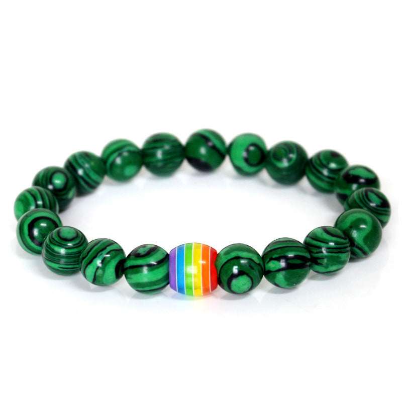 rainbow pride bead bracelet, accessory for pride events, unisex, malachite